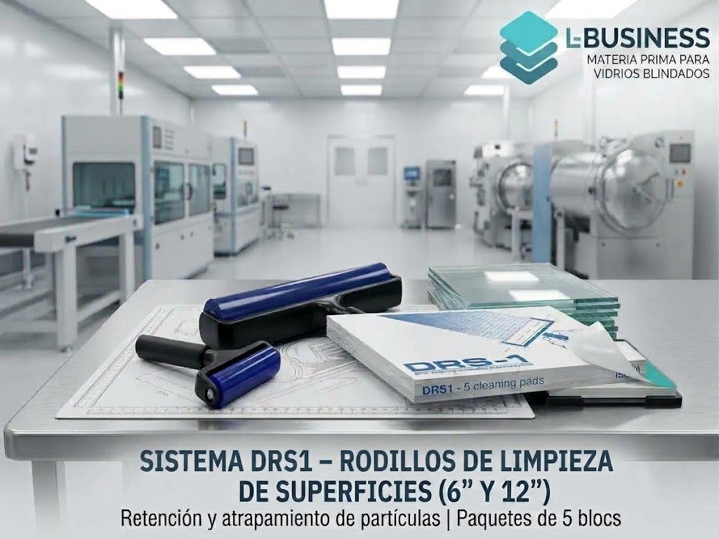 Cuadernillos adhesivos de limpieza junto a rodillos engomados en un cuarto limpio de laminación