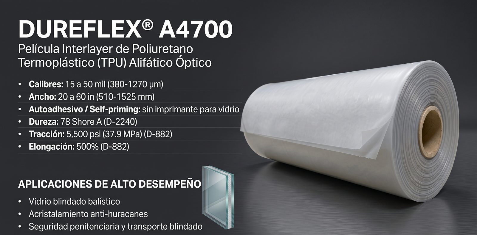 Rollo de película Dureflex A4700 de TPU alifático óptico con sus especificaciones principales