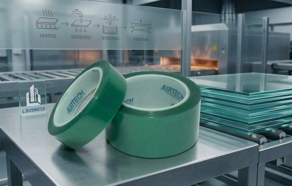 Rollos de cinta EconoTape 1 de Airtech, color verde, en una línea de laminación de vidrio