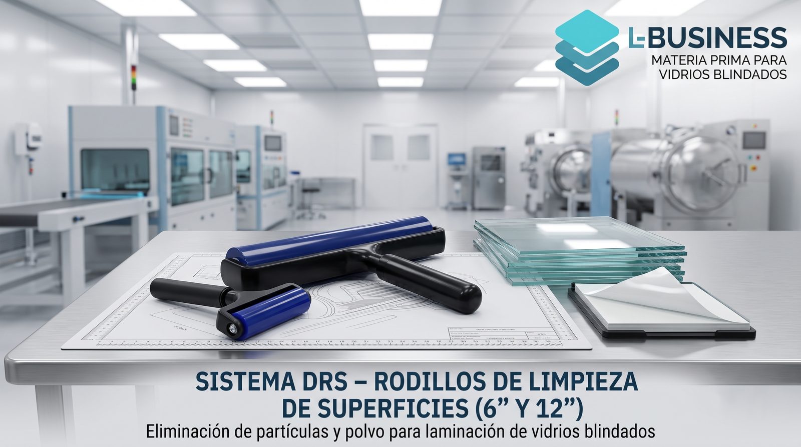 Rodillos de limpieza de 6 y 12 pulgadas con cuadernillos adhesivos sobre una mesa de laminación