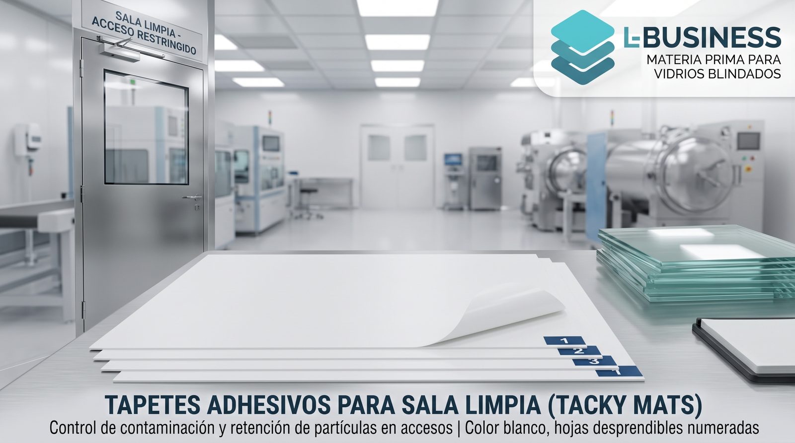 Tapetes adhesivos para sala limpia en el acceso a un área de laminación