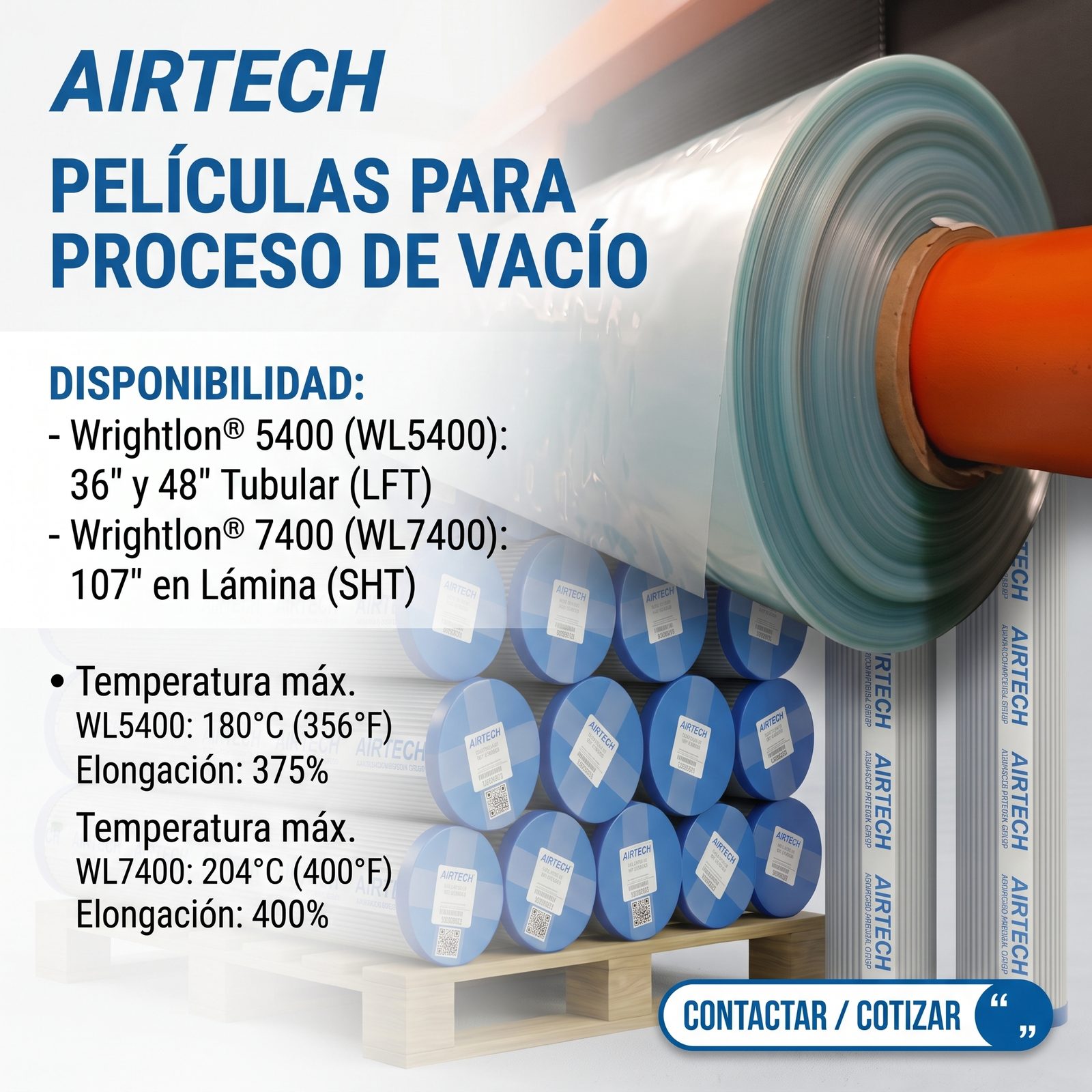 Película de vacío Wrightlon WL7400 en lámina de 107 pulgadas, con su temperatura máxima de 204 °C